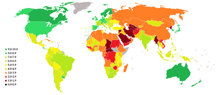 Democracy Index map showing democratic and authoritarian countries