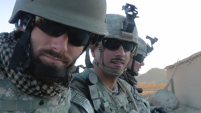 Former Former journalist Matthew VanDyke with American soldiers near FOB Baylough in Zabul Province Afghanistan