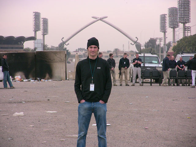 Former Former journalist Matthew VanDyke at the Saddam Swords Victory Arch in Baghdad Iraq